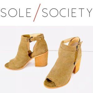 Sole Society Ferris Suede Peep Toe Block Heel Side Zip Tan Leather Womens Size 6